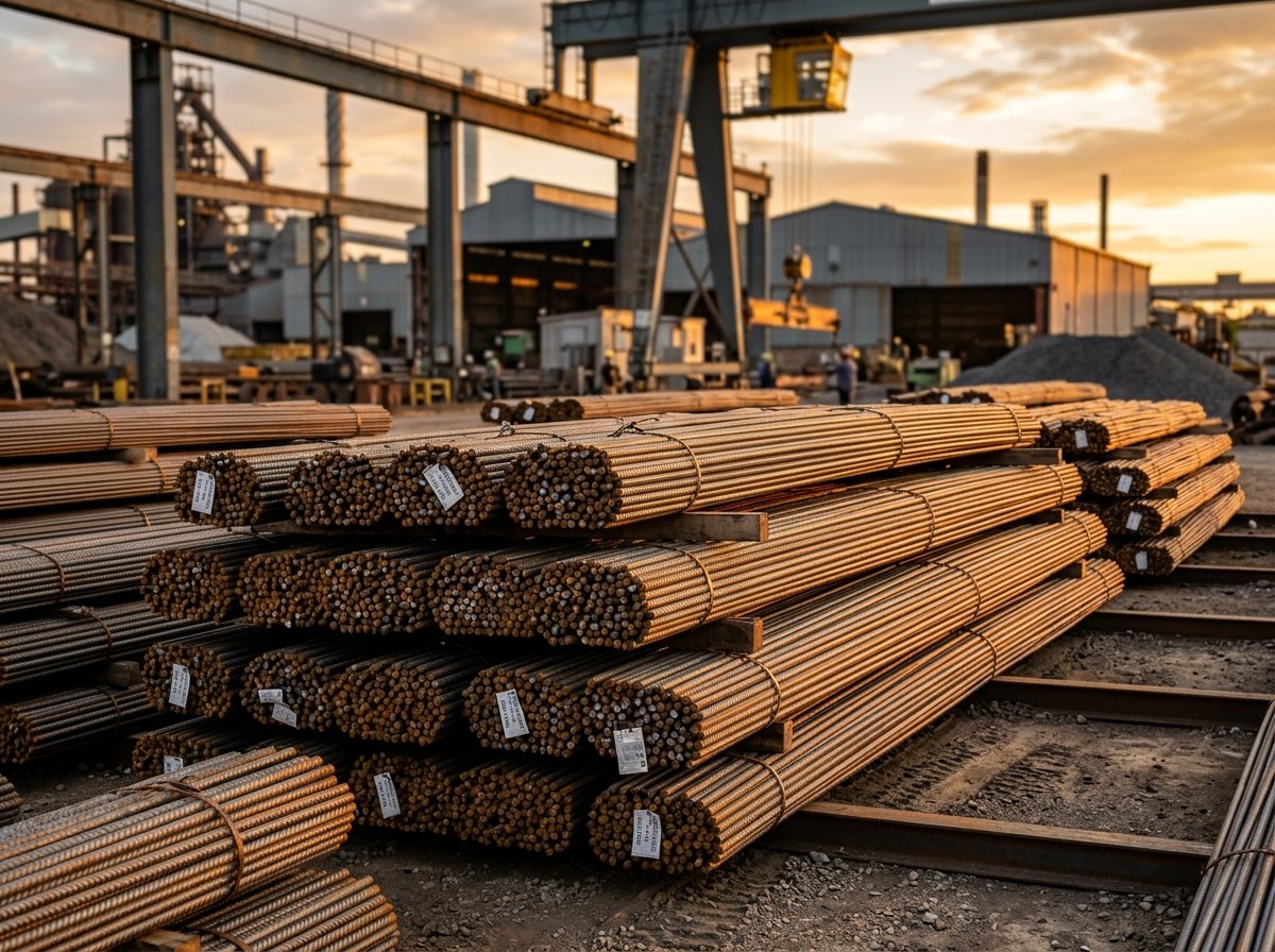 Bundles of steel rebar reinforcement in industrial steel yard
